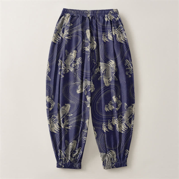 Buddha Stones Pure Cotton Koi Ripple Pattern Drawstring Men's Harem Pants With Pockets - image 2