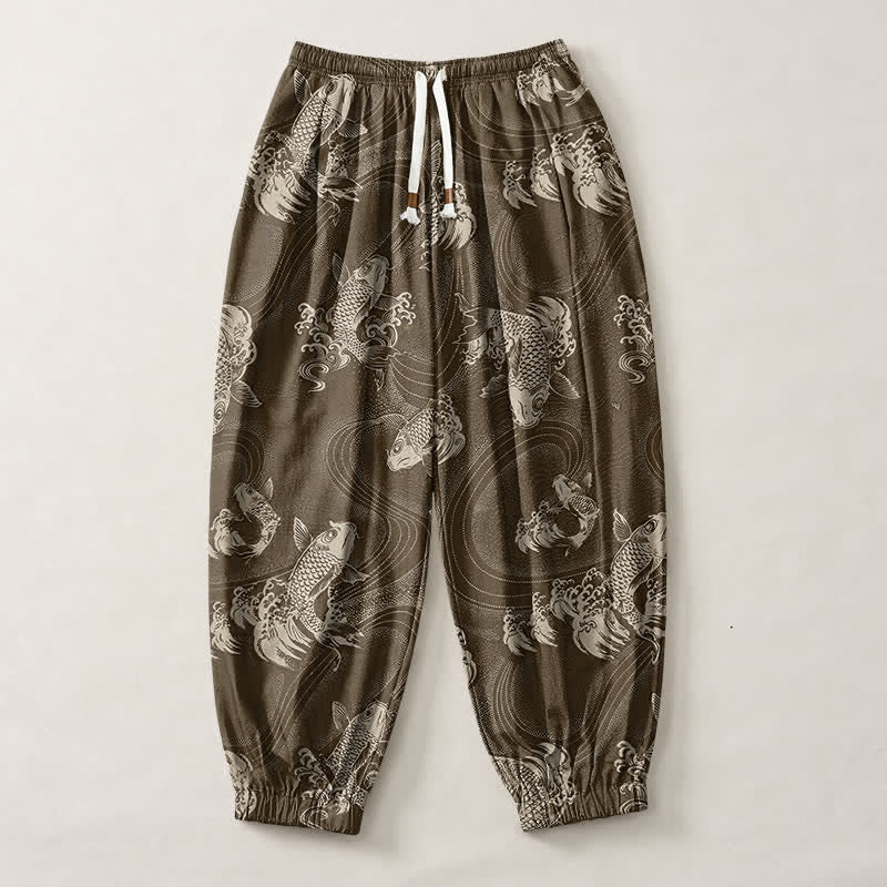 Buddha Stones Pure Cotton Koi Ripple Pattern Drawstring Men's Harem Pants With Pockets - image 13