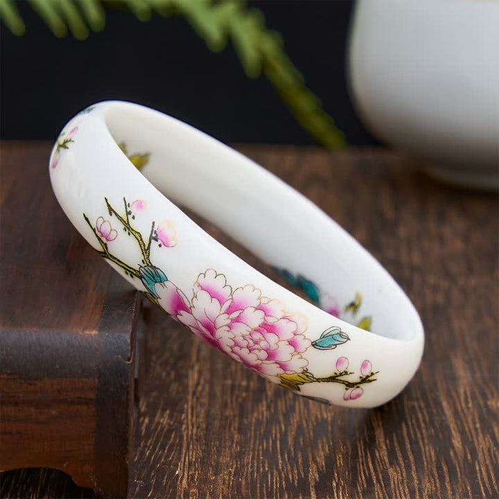 Buddha Stones Ceramic Elegant Peony Purity Hand-Painted Bracelet Bangle - image 1