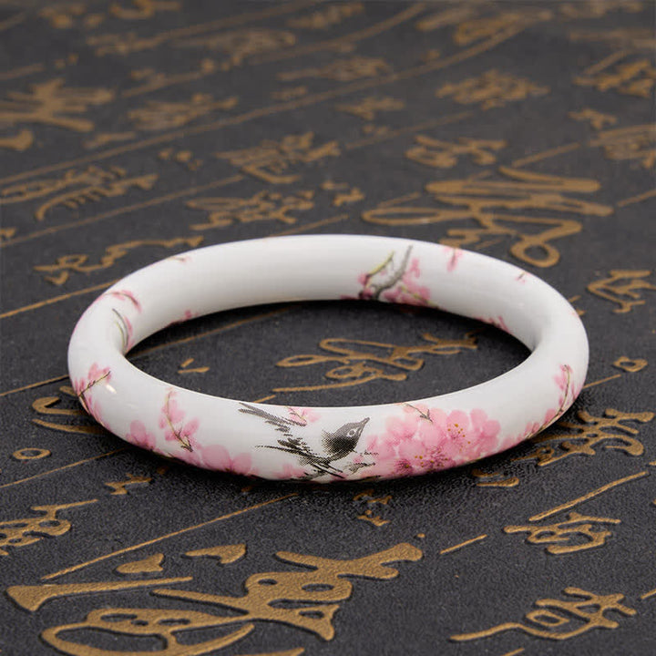 Buddha Stones Ceramic Hand-Painted Magpie Flowers Elegance Bracelet Bangle - image 3