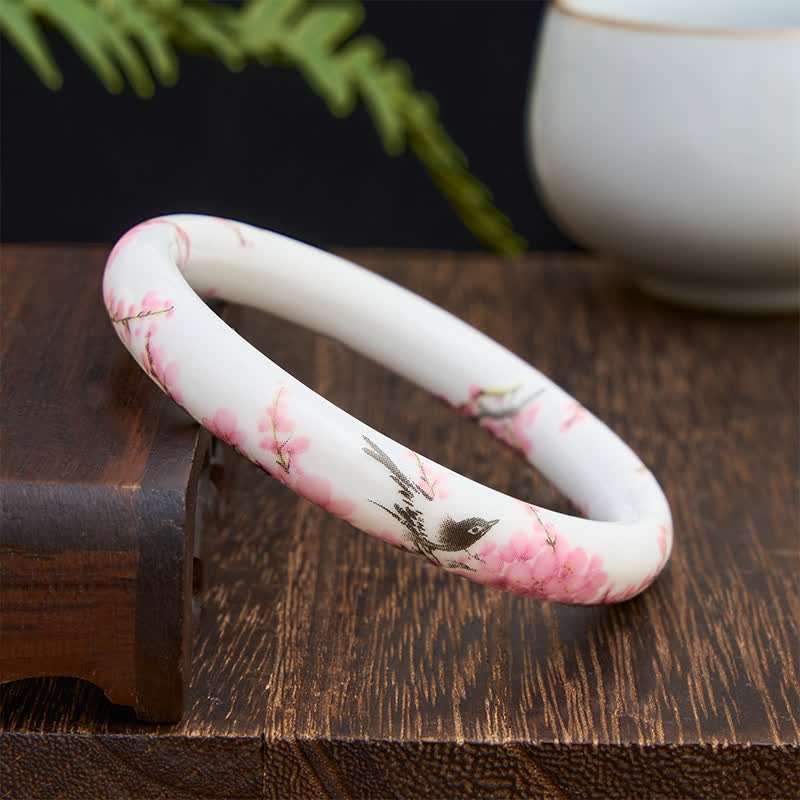 Buddha Stones Ceramic Hand-Painted Magpie Flowers Elegance Bracelet Bangle - image 2