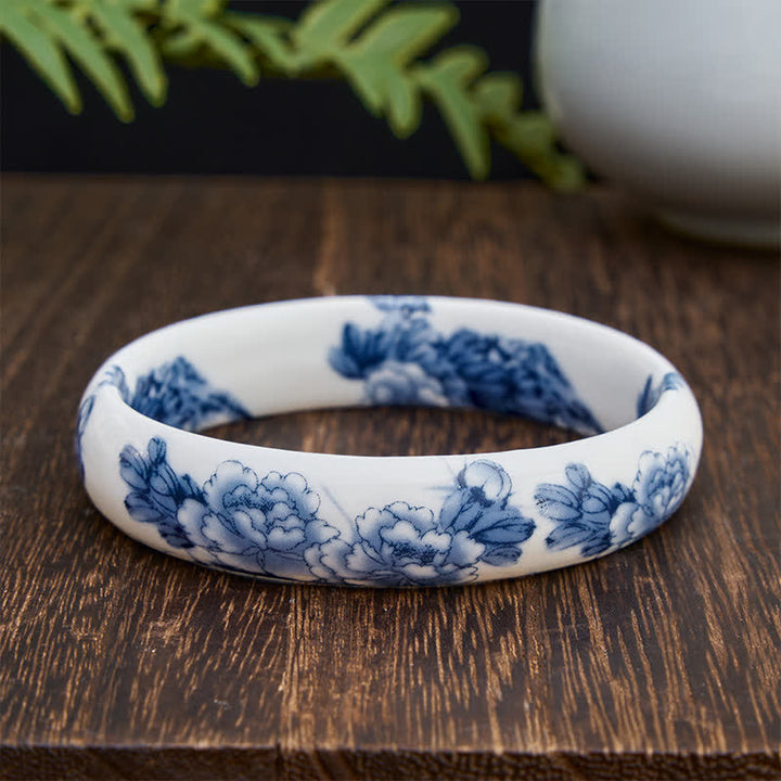 Buddha Stones Ceramic Purity Blue Peony Floral Bracelet Bangle - Wide - image 6