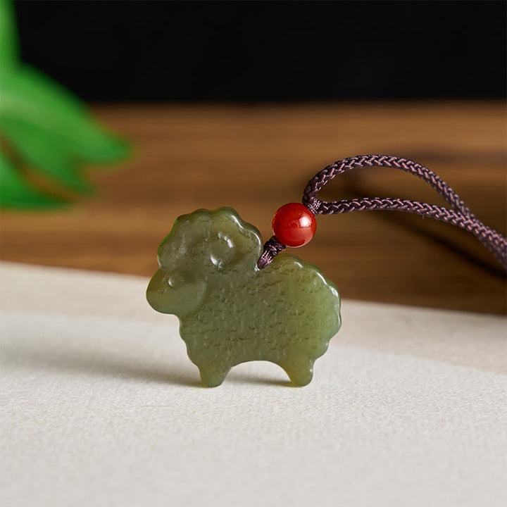 Buddha Stones Green Hetian Jade Chinese Zodiac Goat Pendant Necklace - image 2