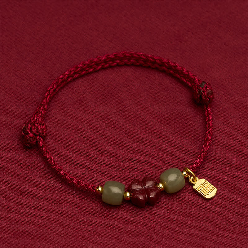 Buddha Stones Cinnabar Fu Character Four-leaf Clover Red String Luck Bracelet - image 4