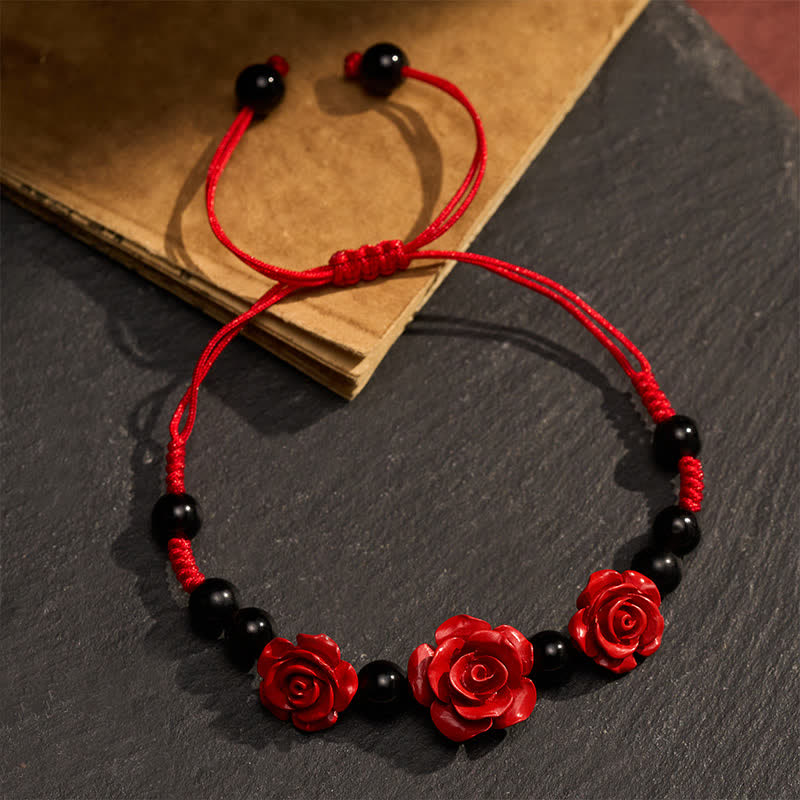 Buddha Stones Cinnabar Rose Black Onyx Red String Concentration Bracelet - image 3