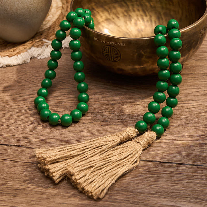 Buddha Stones Green Distressed Wood Bead Tassel Farmhouse Mindful Living Decor - image 4
