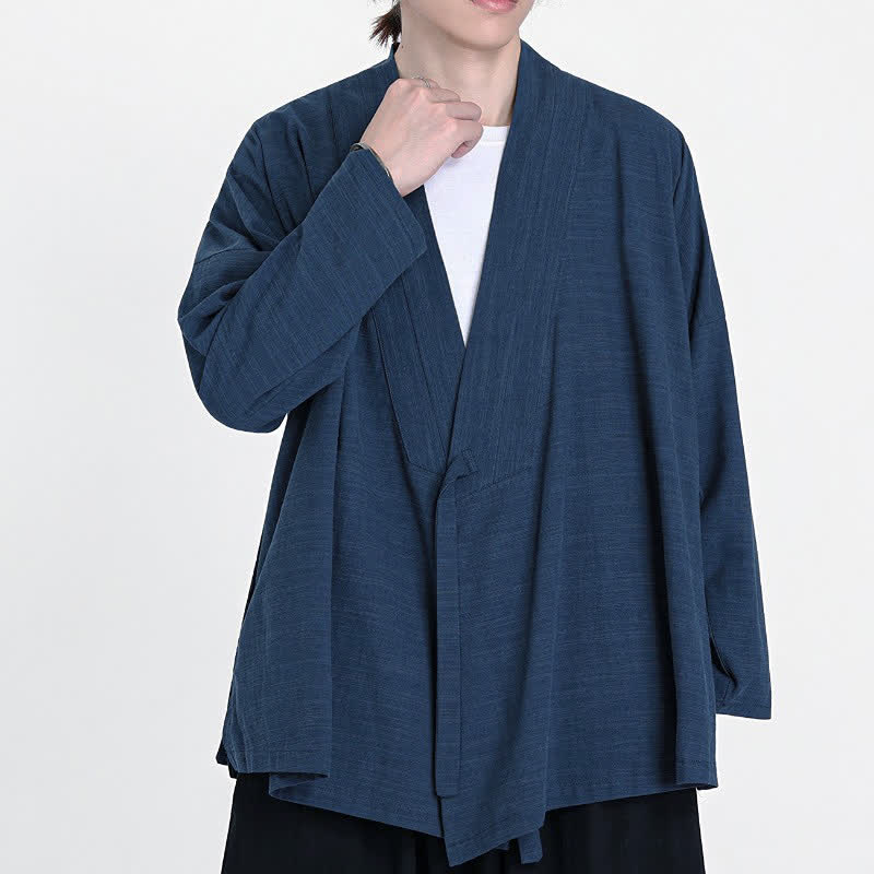 Buddha Stones Spring Fall Minimalist Tang Style Drawstring Solid Men's Kimono - MidnightBlue - US/UK/AU46, EU56 (5XL) - image 0