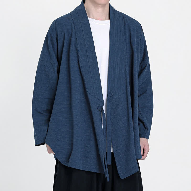 Buddha Stones Spring Fall Minimalist Tang Style Drawstring Solid Men's Kimono - image 4