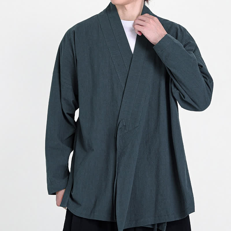 Buddha Stones Spring Fall Tang Style Minimalist Drawstring Solid Men's Kimono - SlateGray - US/UK/AU46, EU56 (5XL) - image 0