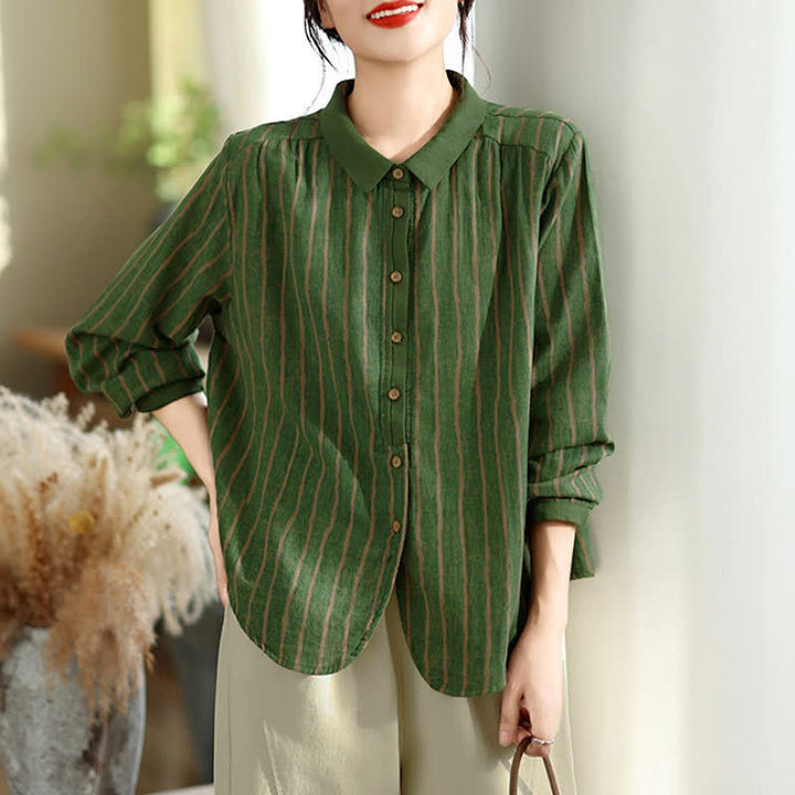 Buddha Stones Fall Casual Vintage Button-Up Striped Women's Long Sleeve Shirts - image 11