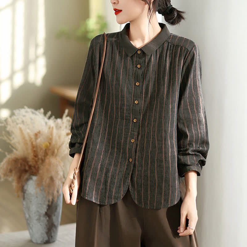 Buddha Stones Fall Casual Vintage Button-Up Striped Women's Long Sleeve Shirts - image 18