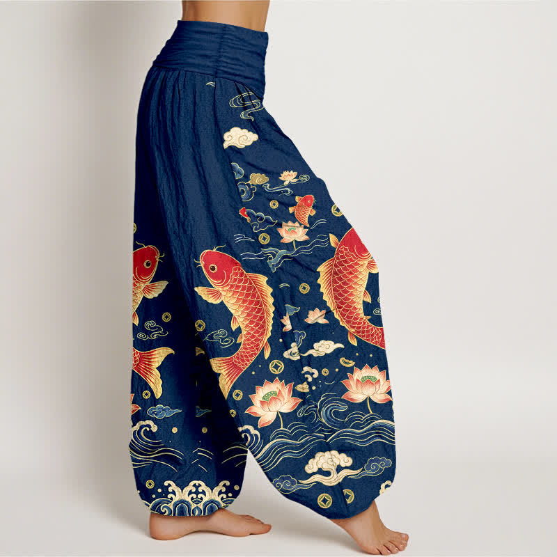 Buddha Stones Cotton Auspicious Koi Lotus Pattern Women's Elastic Waist Harem Pants - image 1