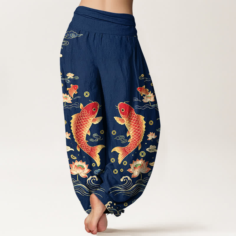 Buddha Stones Cotton Auspicious Koi Lotus Pattern Women's Elastic Waist Harem Pants - image 2