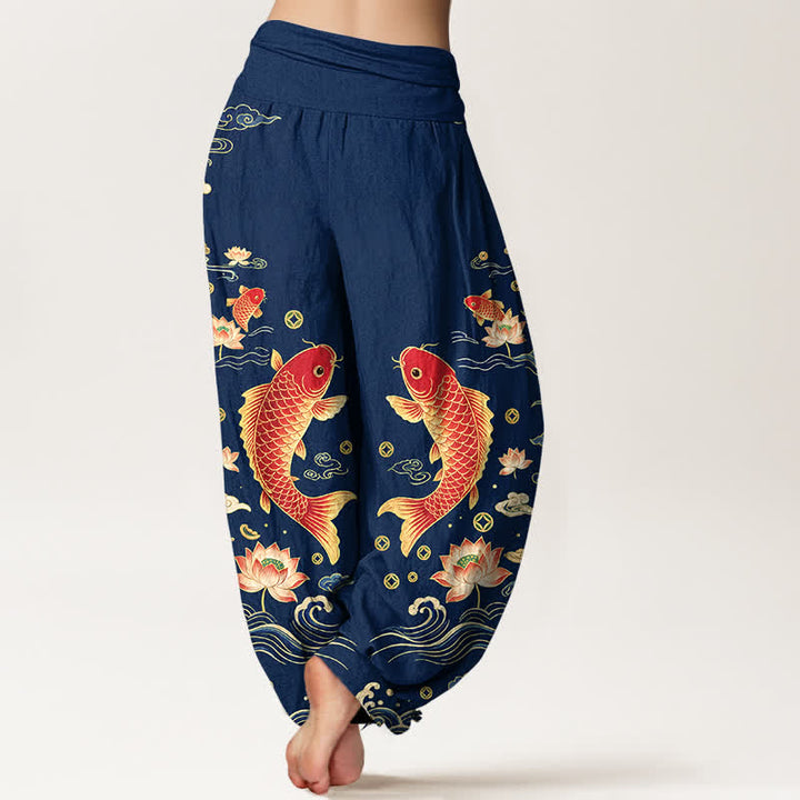 Buddha Stones Cotton Auspicious Koi Lotus Pattern Women's Elastic Waist Harem Pants - image 2