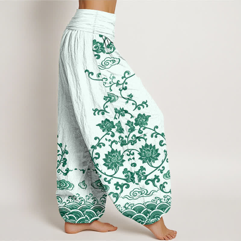 Buddha Stones Cotton Lotus Scroll Pattern Women's Elastic Waist Harem Pants - image 9