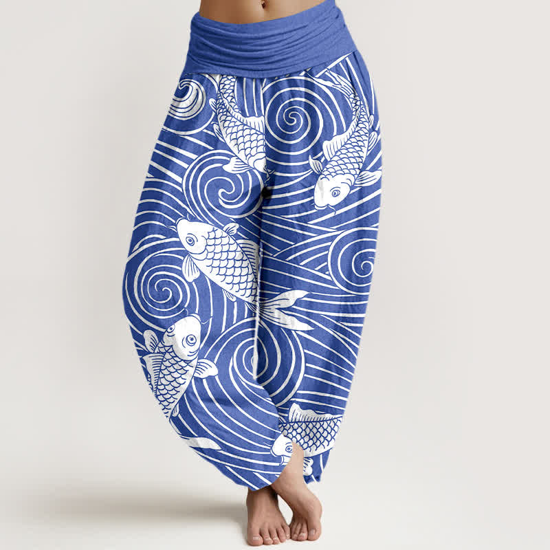 Buddha Stones Cotton Koi Wave Pattern Women's Elastic Waist Harem Pants - RoyalBlue - US16，UK/AU20，EU48 (3XL) - image 0