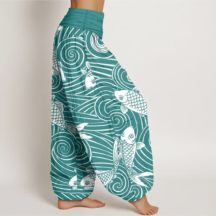 Buddha Stones Cotton Koi Wave Pattern Women's Elastic Waist Harem Pants - image 6