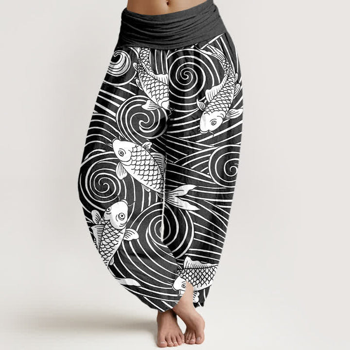 Buddha Stones Cotton Koi Wave Pattern Women's Elastic Waist Harem Pants - Black - US16，UK/AU20，EU48 (3XL) - image 8