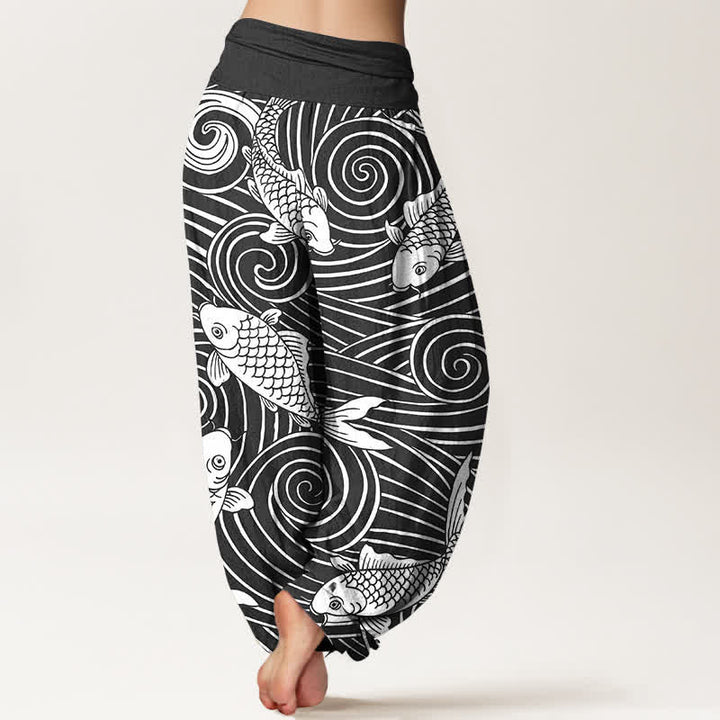 Buddha Stones Cotton Koi Wave Pattern Women's Elastic Waist Harem Pants - image 10