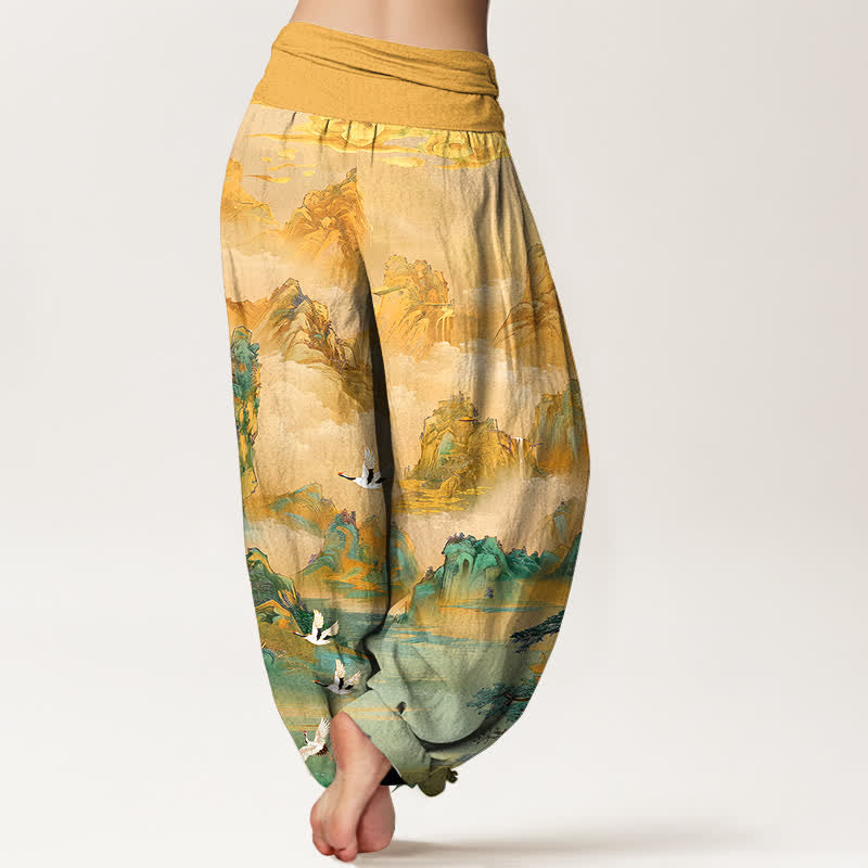 Buddha Stones Cotton Oriental Crane Peaks Pattern Women's Elastic Waist Harem Pants - image 2