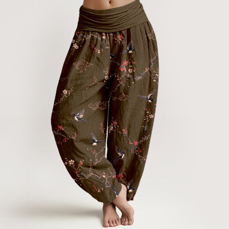 Buddha Stones Cotton Swallow Plum Blossom Pattern Women's Elastic Waist Harem Pants - Olive - US16，UK/AU20，EU48 (3XL) - image 8