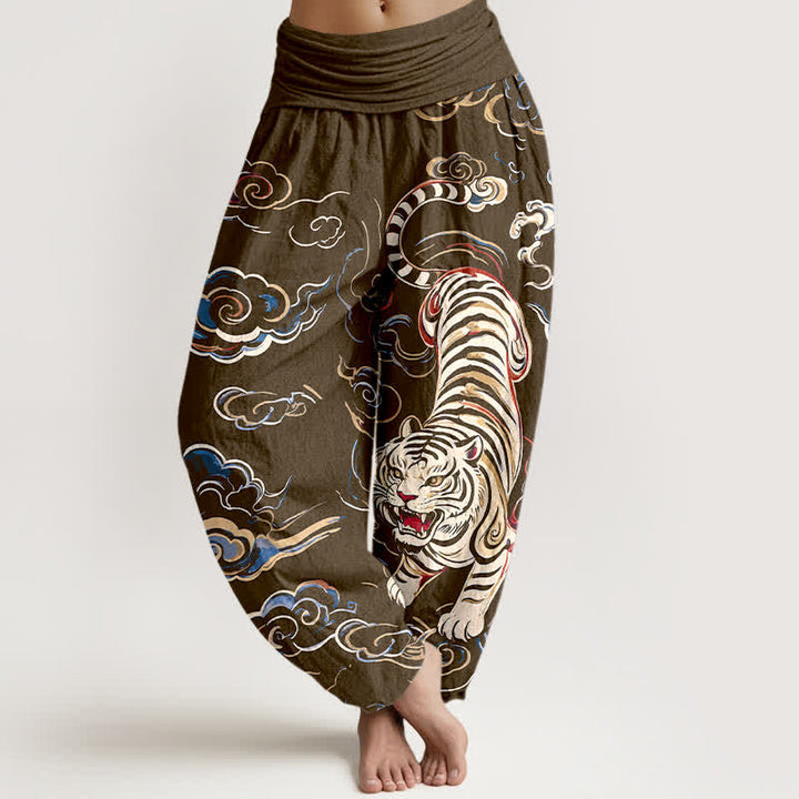 Buddha Stones Cotton Oriental Tiger Lucky Cloud Pattern Women's Elastic Waist Harem Pants - Olive - US16，UK/AU20，EU48 (3XL) - image 8