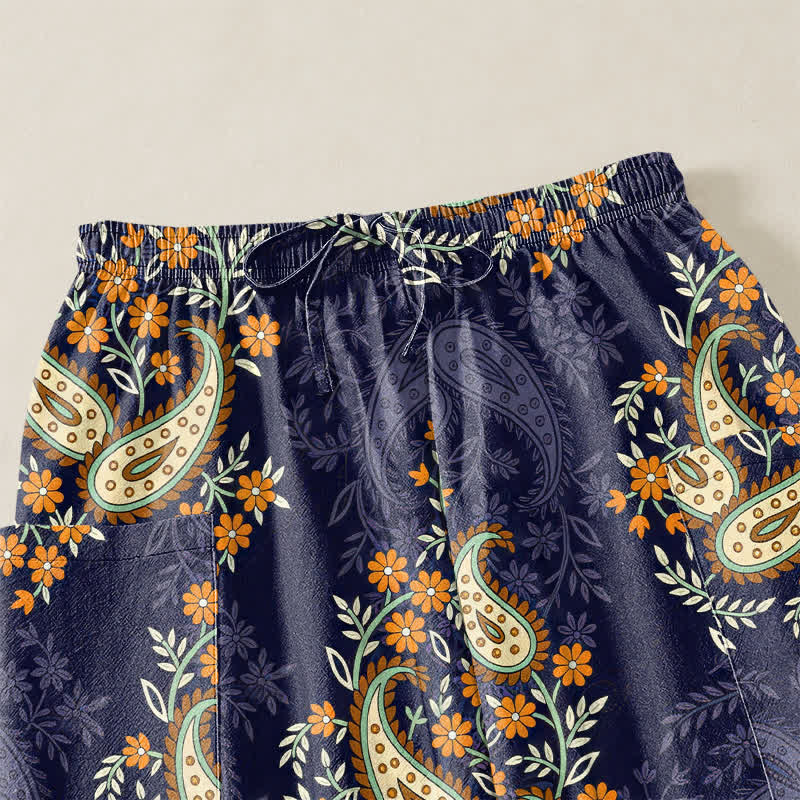 Buddha Stones Cotton Bohemian Paisley Floral Pattern Women's Elastic Waist Harem Pants With Side Pockets - image 5