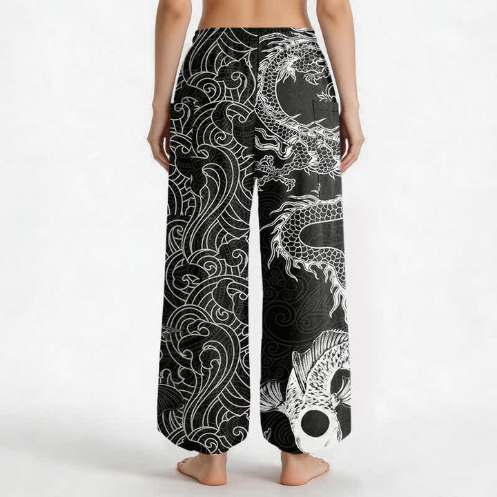 Buddha Stones Cotton Oriental Dragon Wave Pattern Women's Elastic Waist Harem Pants With Side Pockets - image 2