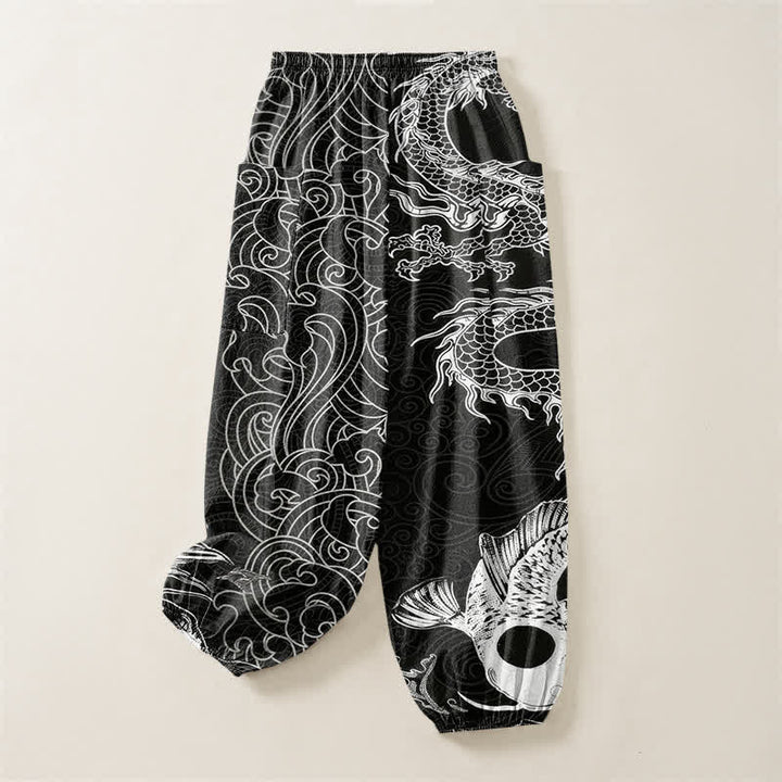 Buddha Stones Cotton Oriental Dragon Wave Pattern Women's Elastic Waist Harem Pants With Side Pockets - image 4