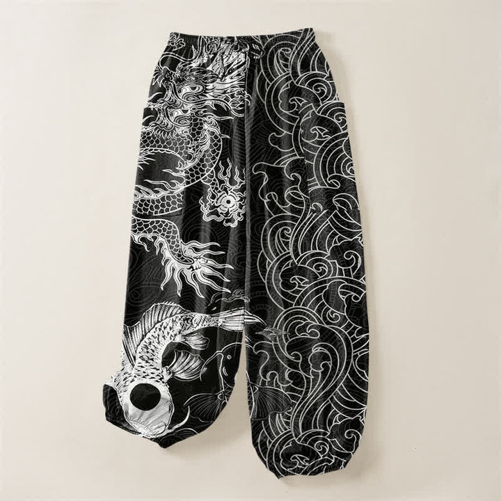 Buddha Stones Cotton Oriental Dragon Wave Pattern Women's Elastic Waist Harem Pants With Side Pockets - image 3