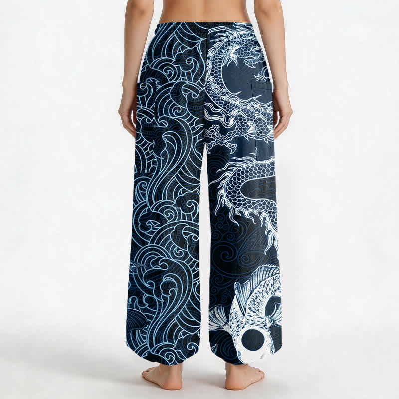 Buddha Stones Cotton Oriental Dragon Wave Pattern Women's Elastic Waist Harem Pants With Side Pockets - image 9