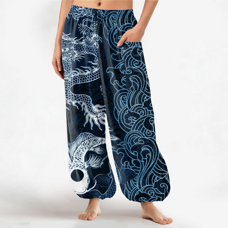 Buddha Stones Cotton Oriental Dragon Wave Pattern Women's Elastic Waist Harem Pants With Side Pockets - Navy - US16，UK/AU20，EU48 (3XL) - image 7