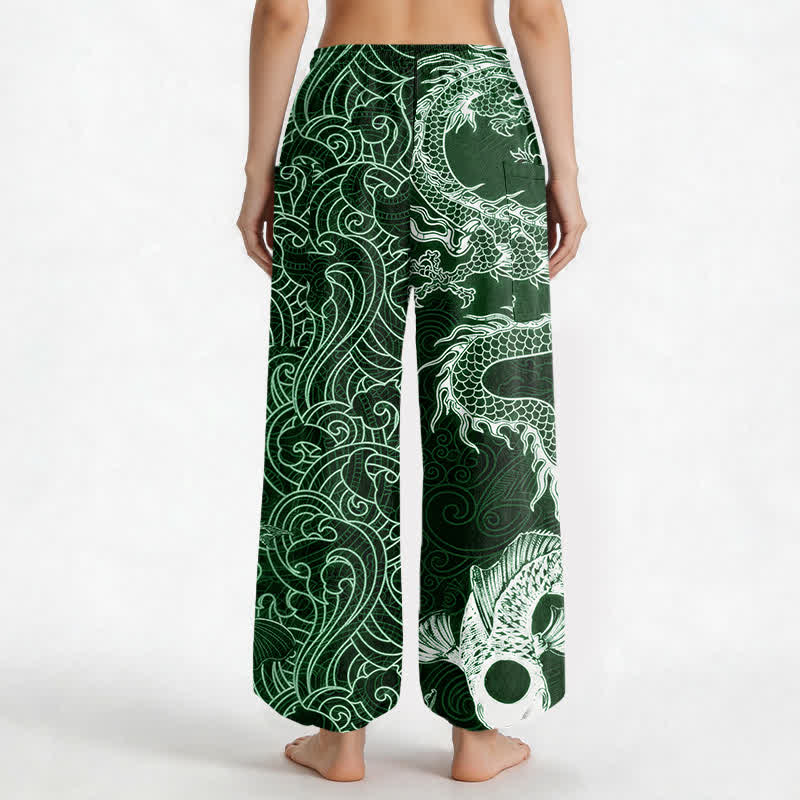 Buddha Stones Cotton Oriental Dragon Wave Pattern Women's Elastic Waist Harem Pants With Side Pockets - image 12