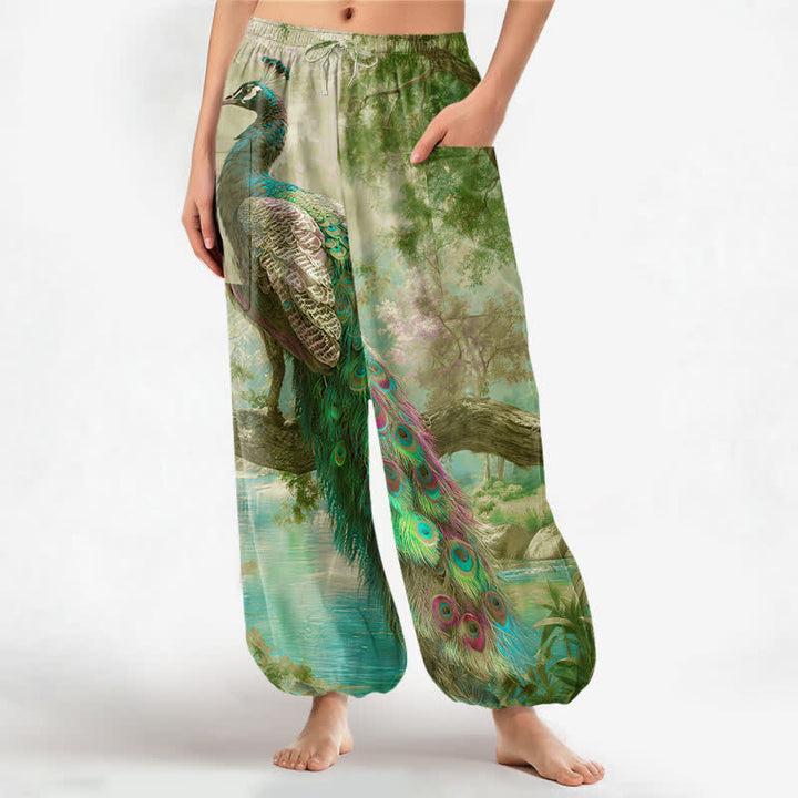 Buddha Stones Cotton Majestic Peacock Landscape Pattern Women's Elastic Waist Harem Pants With Side Pockets - LightGreen - US16，UK/AU20，EU48 (3XL) - image 7