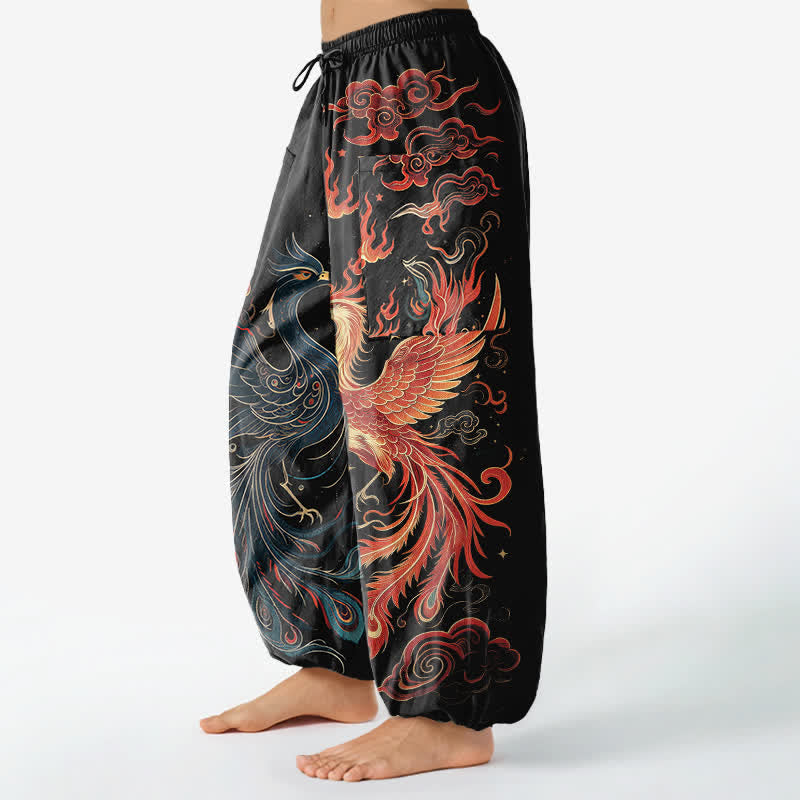 Buddha Stones Cotton Vintage Phoenix Flame Pattern Women's Elastic Waist Harem Pants With Side Pockets - image 1