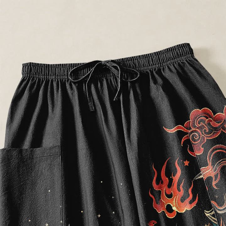 Buddha Stones Cotton Vintage Phoenix Flame Pattern Women's Elastic Waist Harem Pants With Side Pockets - image 5