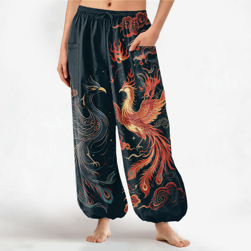Buddha Stones Cotton Vintage Phoenix Flame Pattern Women's Elastic Waist Harem Pants With Side Pockets - DarkSlateGray - US16，UK/AU20，EU48 (3XL) - image 10