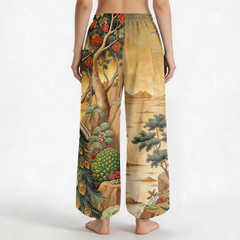 Buddha Stones Cotton Peacock Botanical Landscape Pattern Women's Elastic Waist Harem Pants With Side Pockets - image 2
