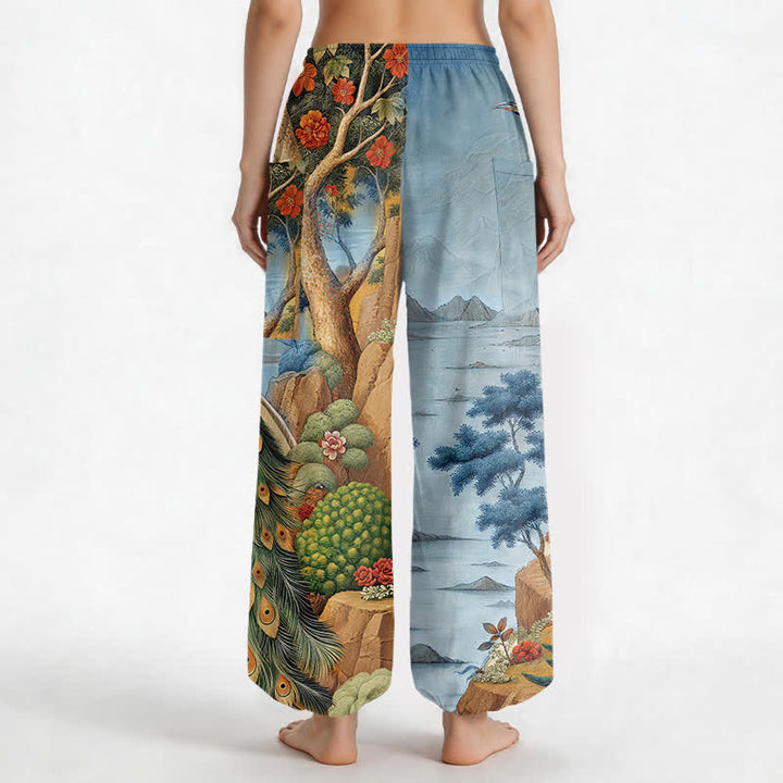 Buddha Stones Cotton Peacock Botanical Landscape Pattern Women's Elastic Waist Harem Pants With Side Pockets - image 9