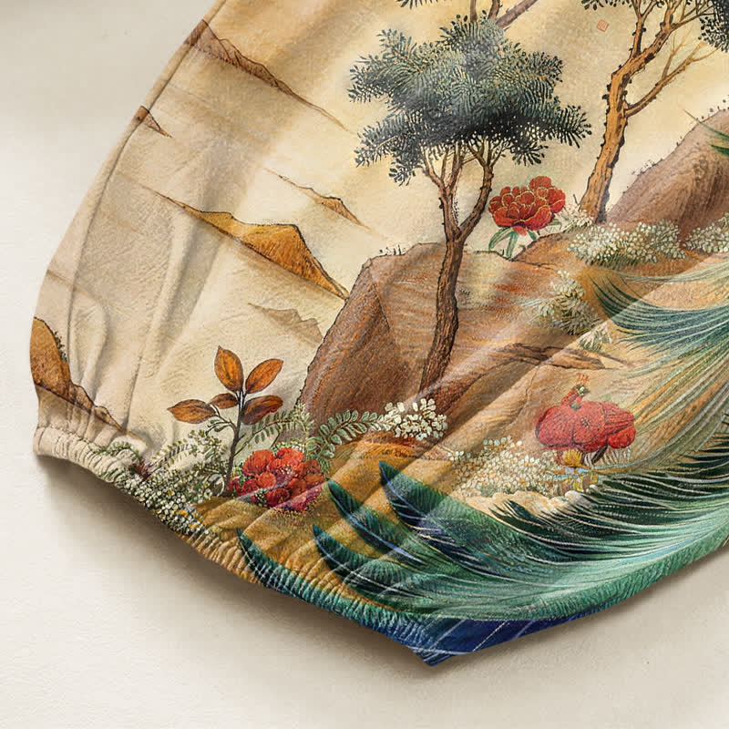 Buddha Stones Cotton Peacock Botanical Landscape Pattern Women's Elastic Waist Harem Pants With Side Pockets - image 6