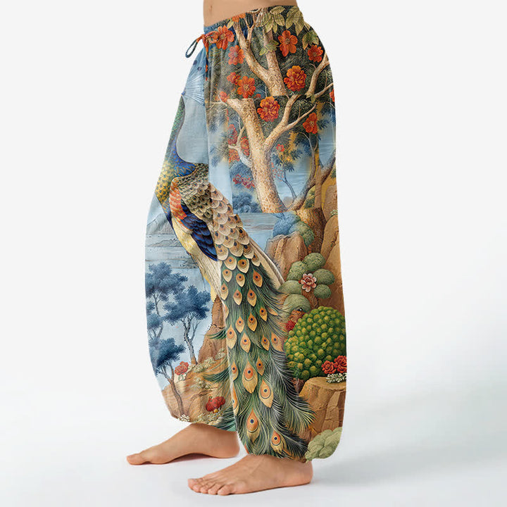 Buddha Stones Cotton Peacock Botanical Landscape Pattern Women's Elastic Waist Harem Pants With Side Pockets - image 8