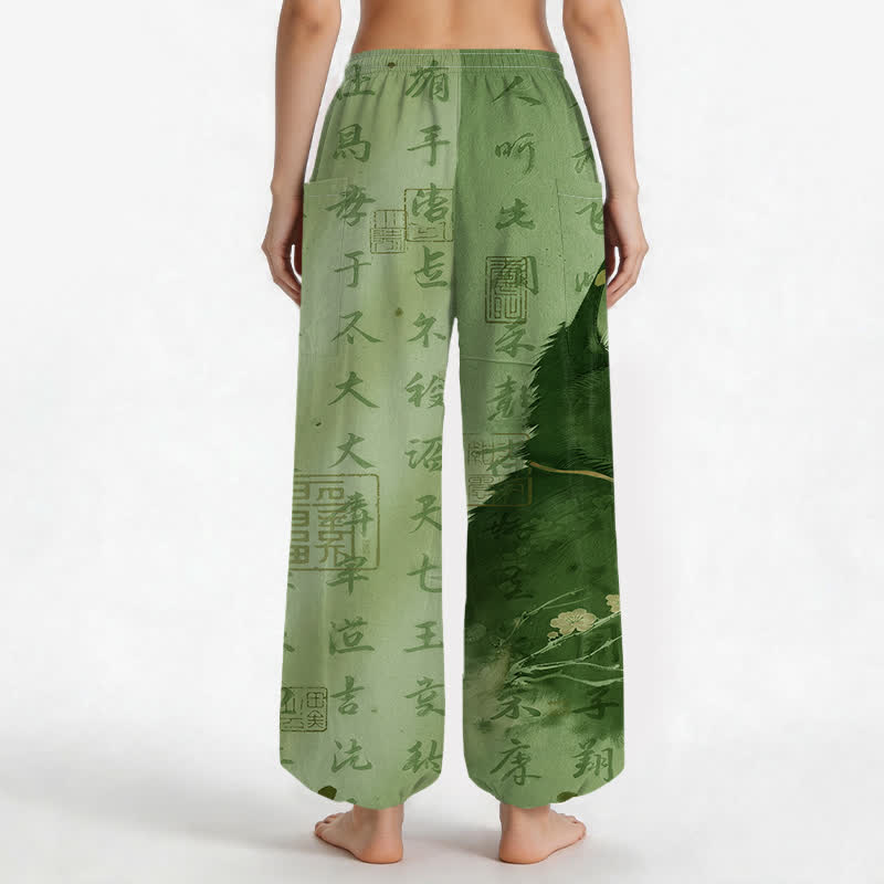 Buddha Stones Cotton Oriental Cat Calligraphy Seal Pattern Women's Elastic Waist Harem Pants With Side Pockets - image 12