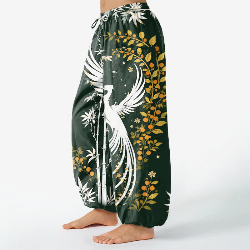 Buddha Stones Cotton Crane Bamboo Bloom Pattern Women's Elastic Waist Harem Pants With Side Pockets - image 1