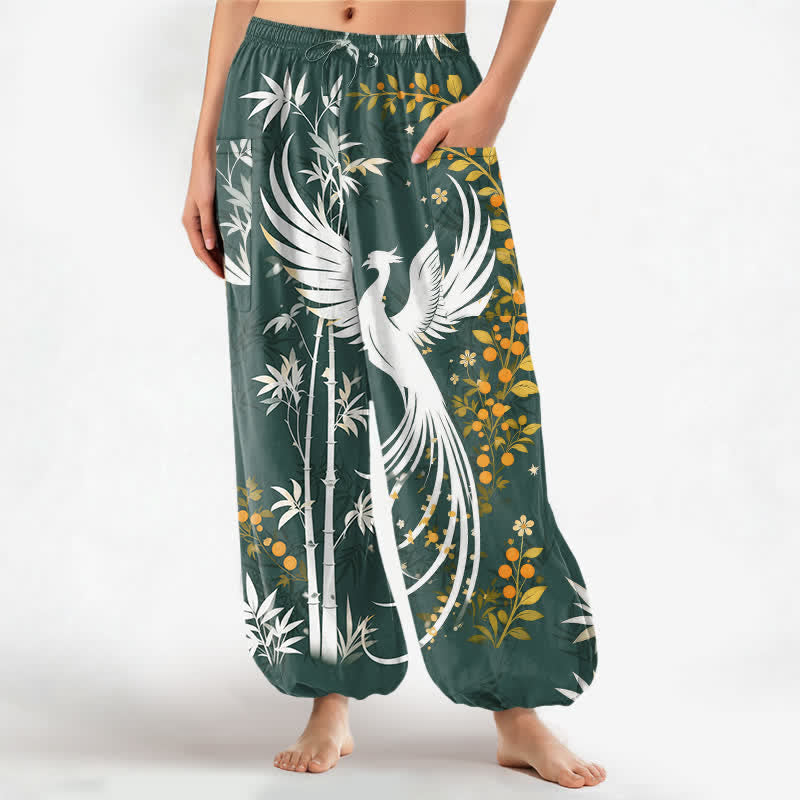 Buddha Stones Cotton Crane Bamboo Bloom Pattern Women's Elastic Waist Harem Pants With Side Pockets - Teal - US16，UK/AU20，EU48 (3XL) - image 7