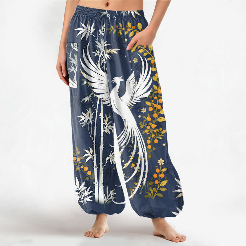 Buddha Stones Cotton Crane Bamboo Bloom Pattern Women's Elastic Waist Harem Pants With Side Pockets - SteelBlue - US16，UK/AU20，EU48 (3XL) - image 10