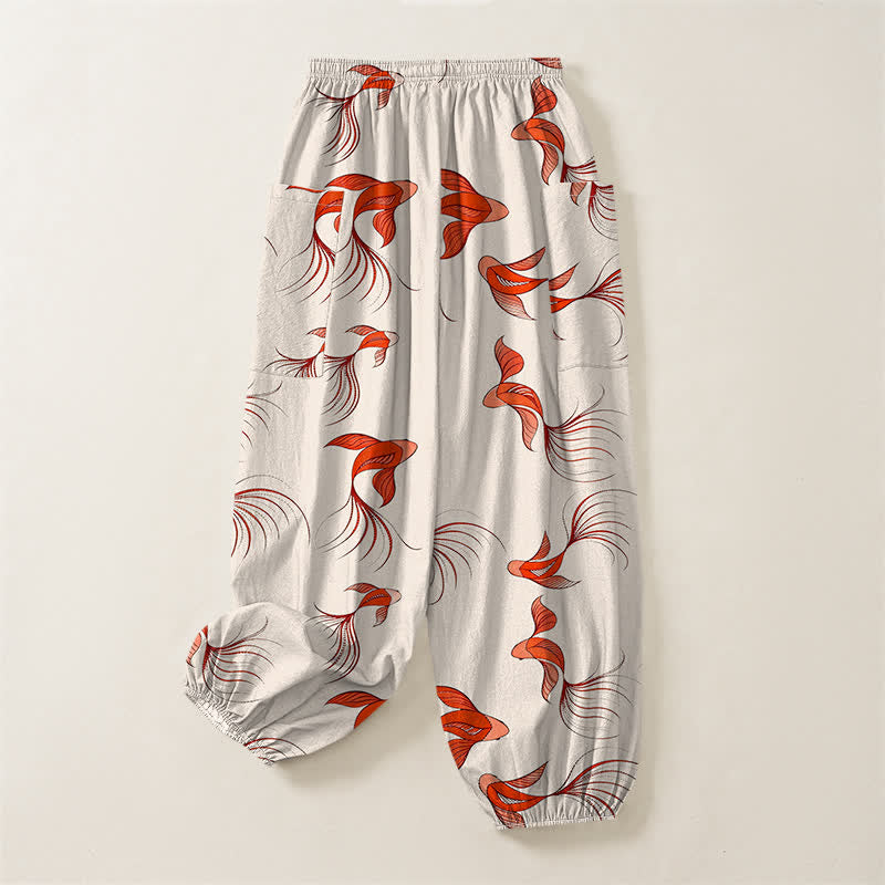 Buddha Stones Cotton Abstract Koi Fish Pattern Women's Elastic Waist Harem Pants With Side Pockets - image 4