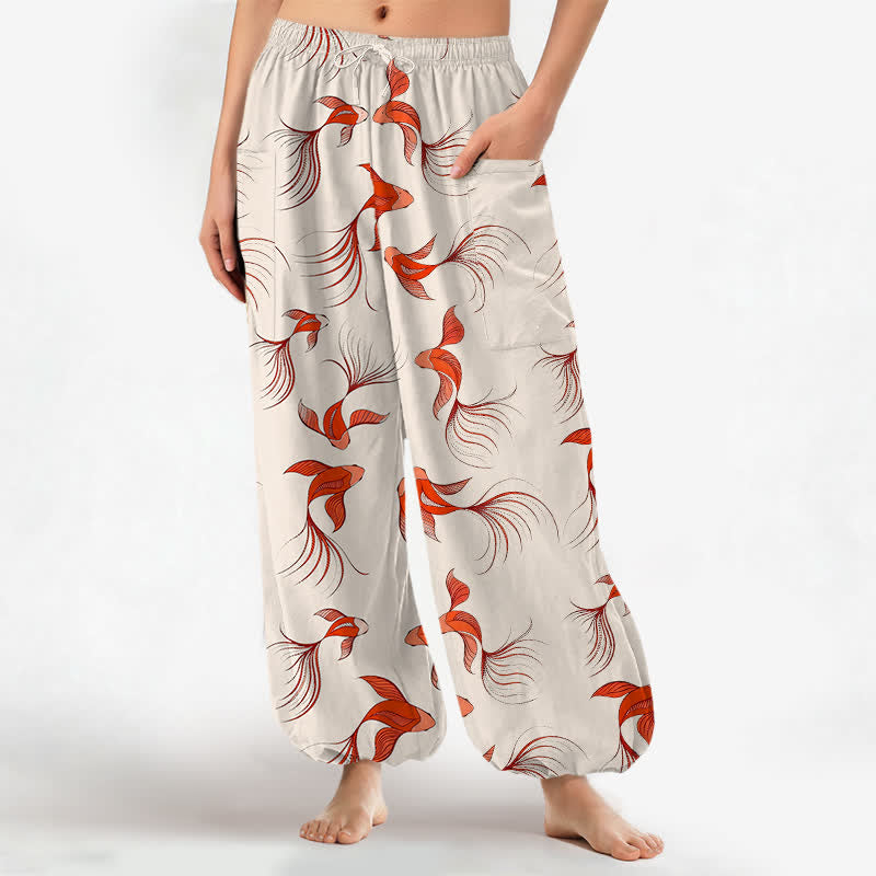 Buddha Stones Cotton Abstract Koi Fish Pattern Women's Elastic Waist Harem Pants With Side Pockets - Ivory - US16，UK/AU20，EU48 (3XL) - image 0