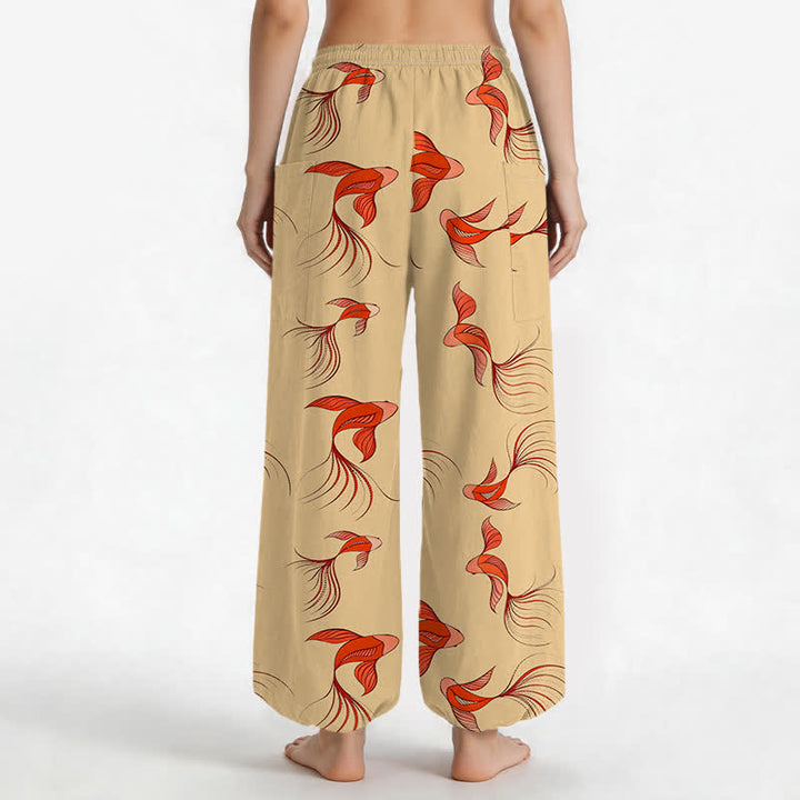 Buddha Stones Cotton Abstract Koi Fish Pattern Women's Elastic Waist Harem Pants With Side Pockets - image 12