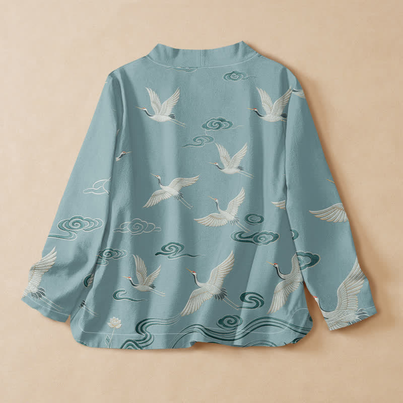 Buddha Stones Cotton Crane Cloud Print Hanfu Style Wrap V-Neck Lace-up Women's Long Sleeve Shirts Kimono - image 1