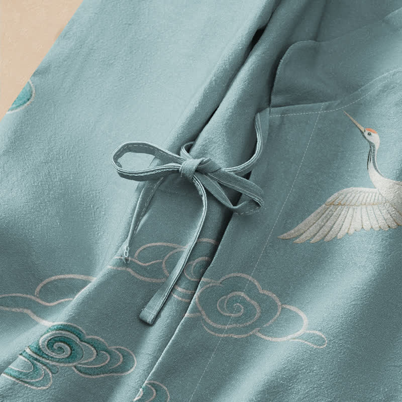 Buddha Stones Cotton Crane Cloud Print Hanfu Style Wrap V-Neck Lace-up Women's Long Sleeve Shirts Kimono - image 3